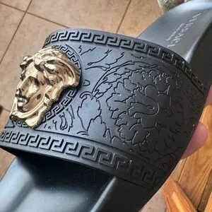 Versace | Shoes | Versace Black Sandals With Gold Lion  display picture 3